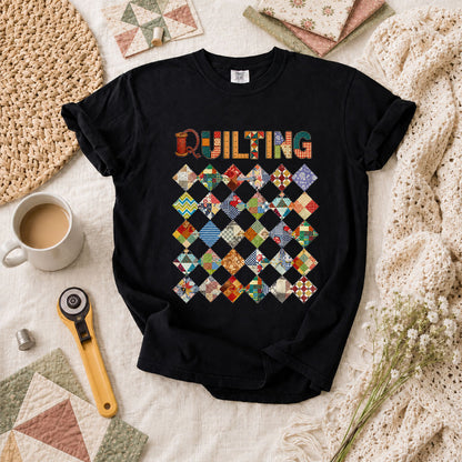 Quilting Patchwork Diamond Blocks Grid Typography T-Shirt - Black