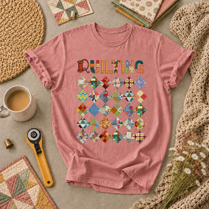 Quilting Patchwork Diamond Blocks Grid Typography T-Shirt - Heather Mauve