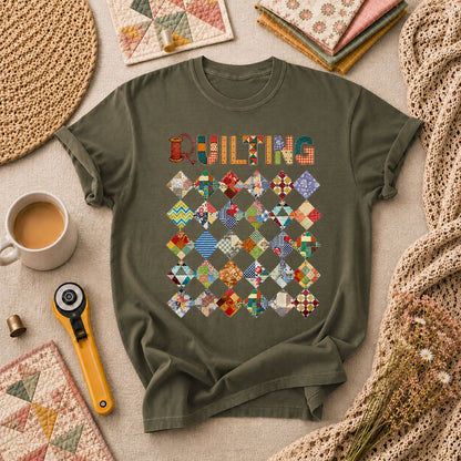 Quilting Patchwork Diamond Blocks Grid Typography T-Shirt - Military Green