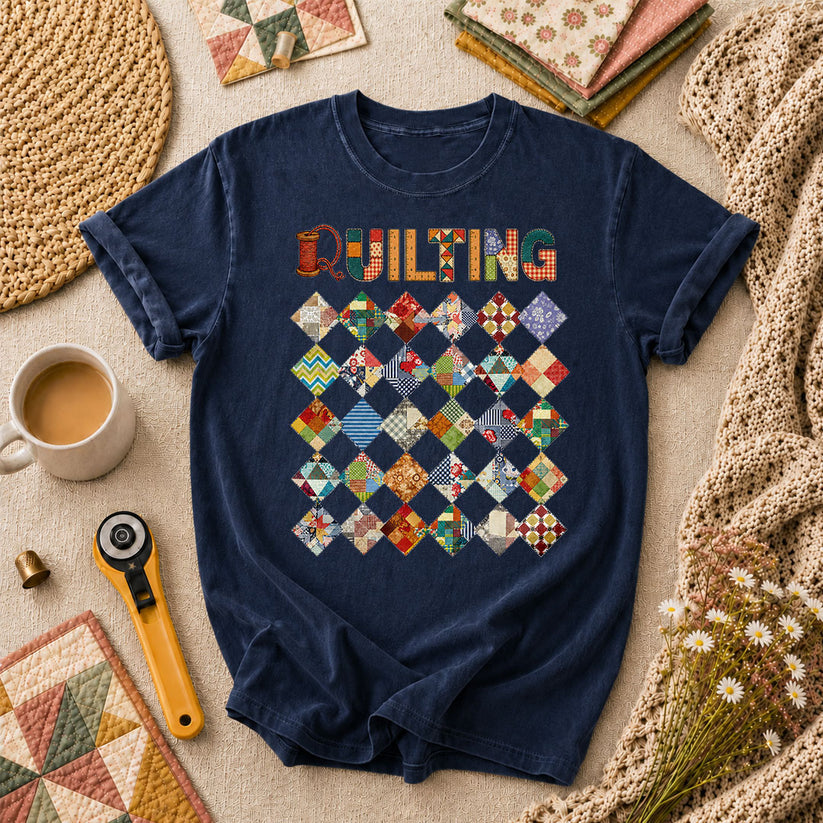 Quilting Patchwork Diamond Blocks Grid Typography T-Shirt - Navy