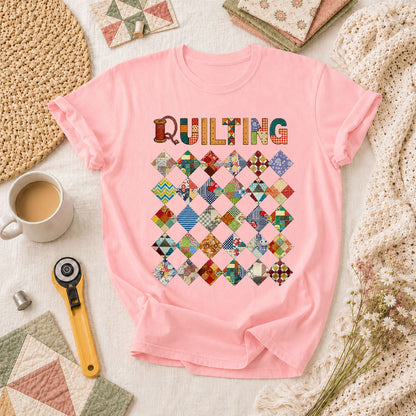 Quilting Patchwork Diamond Blocks Grid Typography T-Shirt - Pink