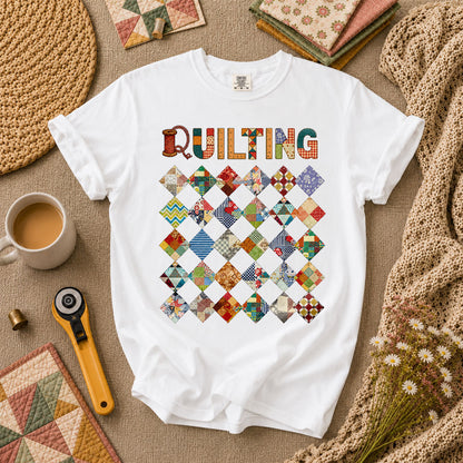 Quilting Patchwork Diamond Blocks Grid Typography T-Shirt - White
