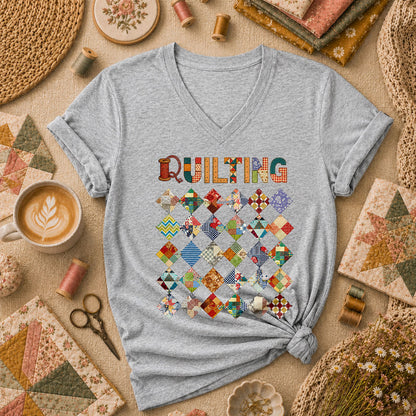 Quilting Patchwork Diamond Blocks Grid Typography Women's V-Neck - Athletic Heather