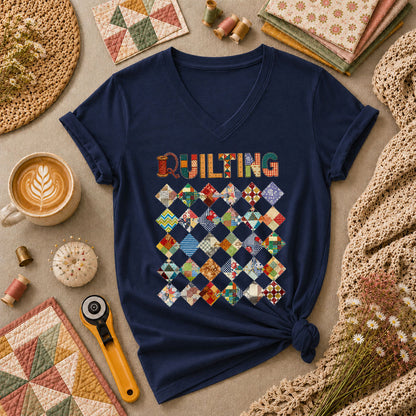 Quilting Patchwork Diamond Blocks Grid Typography Women's V-Neck - Navy