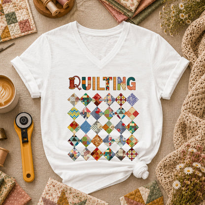 Quilting Patchwork Diamond Blocks Grid Typography Women's V-Neck - White