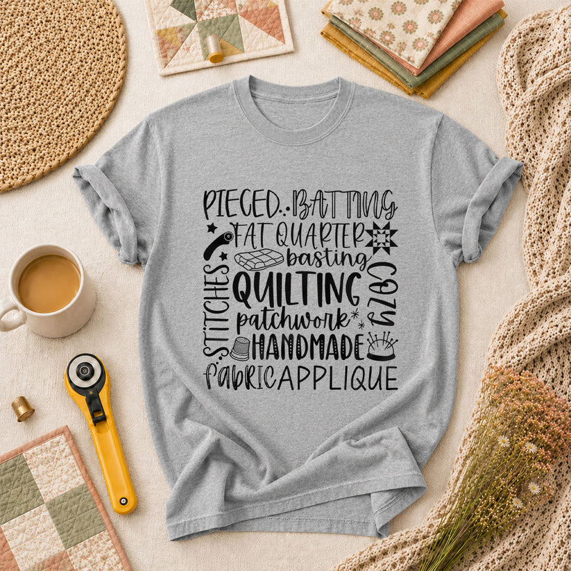 Quilting Patchwork Word Collage T-Shirt - Athletic Heather
