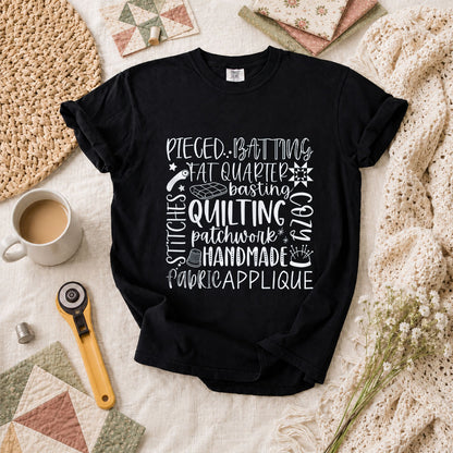 Quilting Patchwork Word Collage T-Shirt - Black