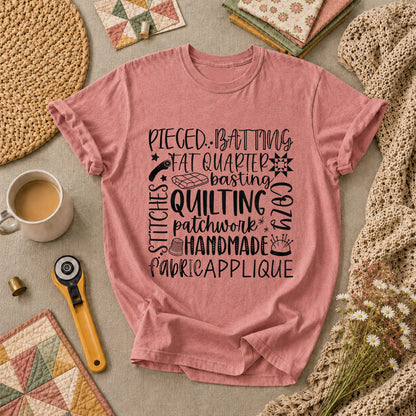 Quilting Patchwork Word Collage T-Shirt - Heather Mauve