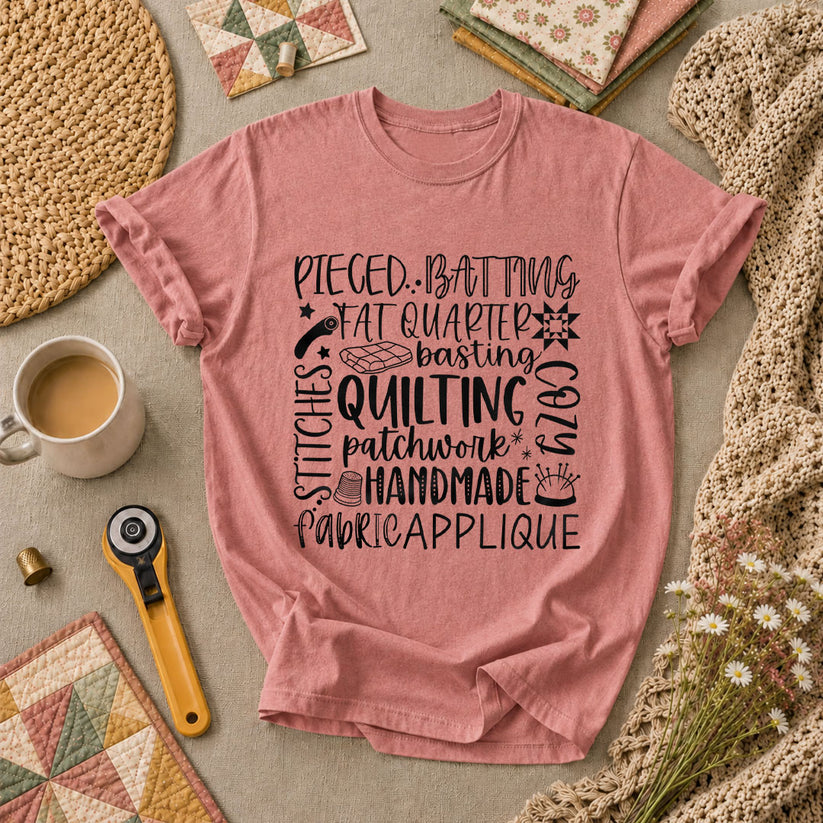 Quilting Patchwork Word Collage T-Shirt - Heather Mauve