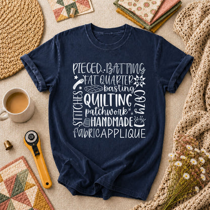 Quilting Patchwork Word Collage T-Shirt - Navy
