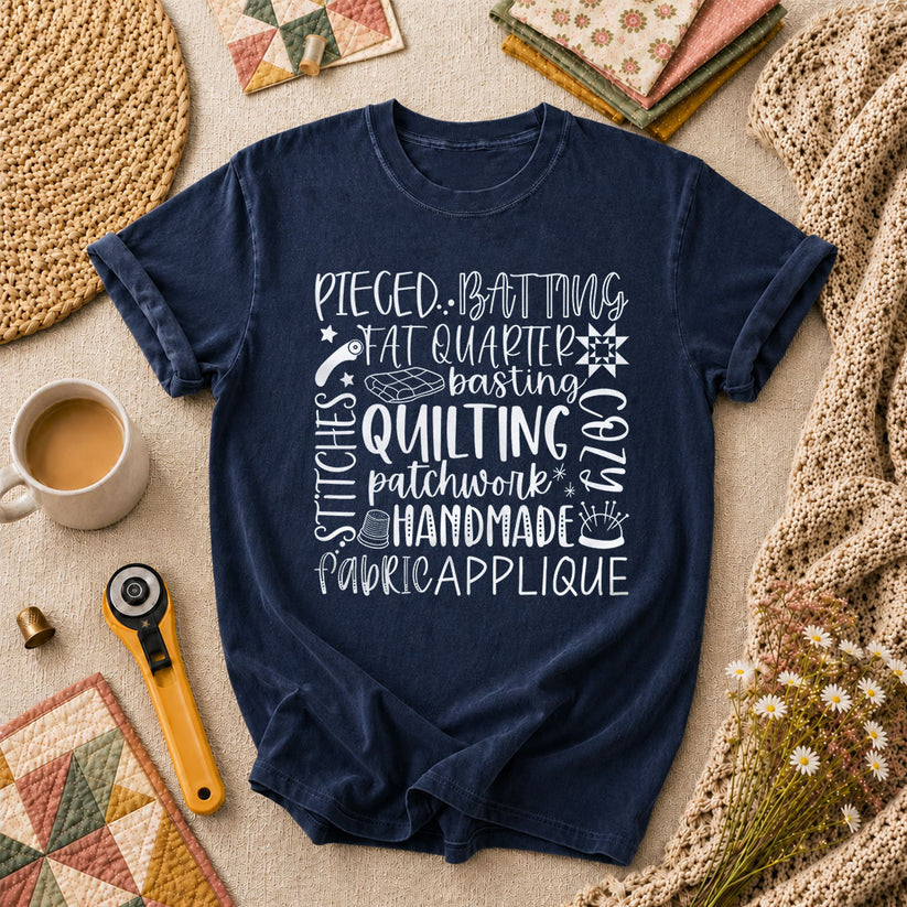 Quilting Patchwork Word Collage T-Shirt - Navy