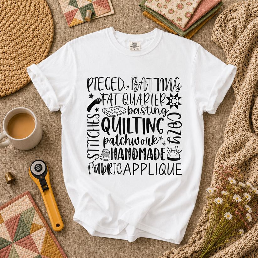 Quilting Patchwork Word Collage T-Shirt - White