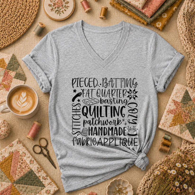 Quilting Patchwork Word Collage Women's V-Neck - Athletic Heather