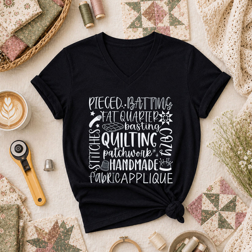 Quilting Patchwork Word Collage Women's V-Neck - Black