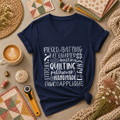 Quilting Patchwork Word Collage Women's V-Neck - Navy