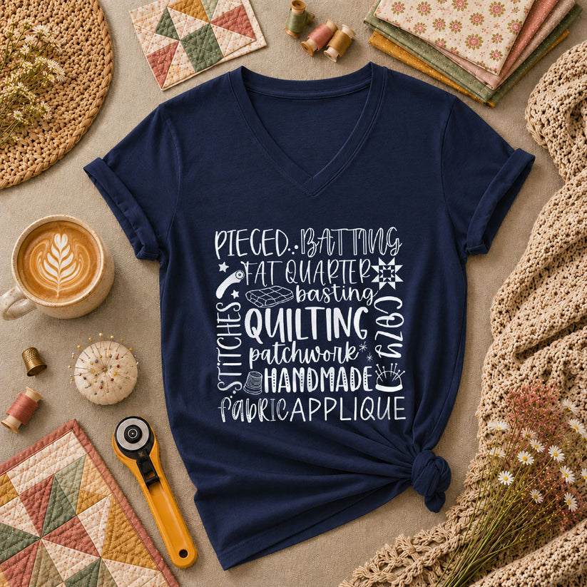 Quilting Patchwork Word Collage Women's V-Neck - Navy