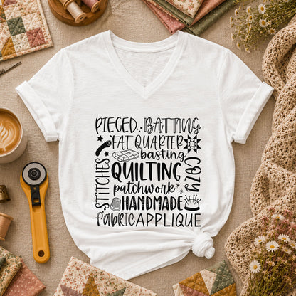 Quilting Patchwork Word Collage Women's V-Neck - White