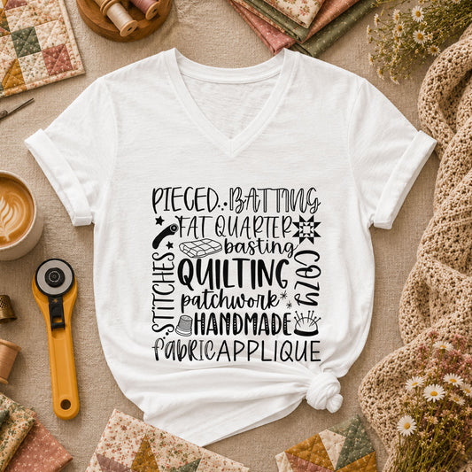 Quilting Patchwork Word Collage Women's V-Neck