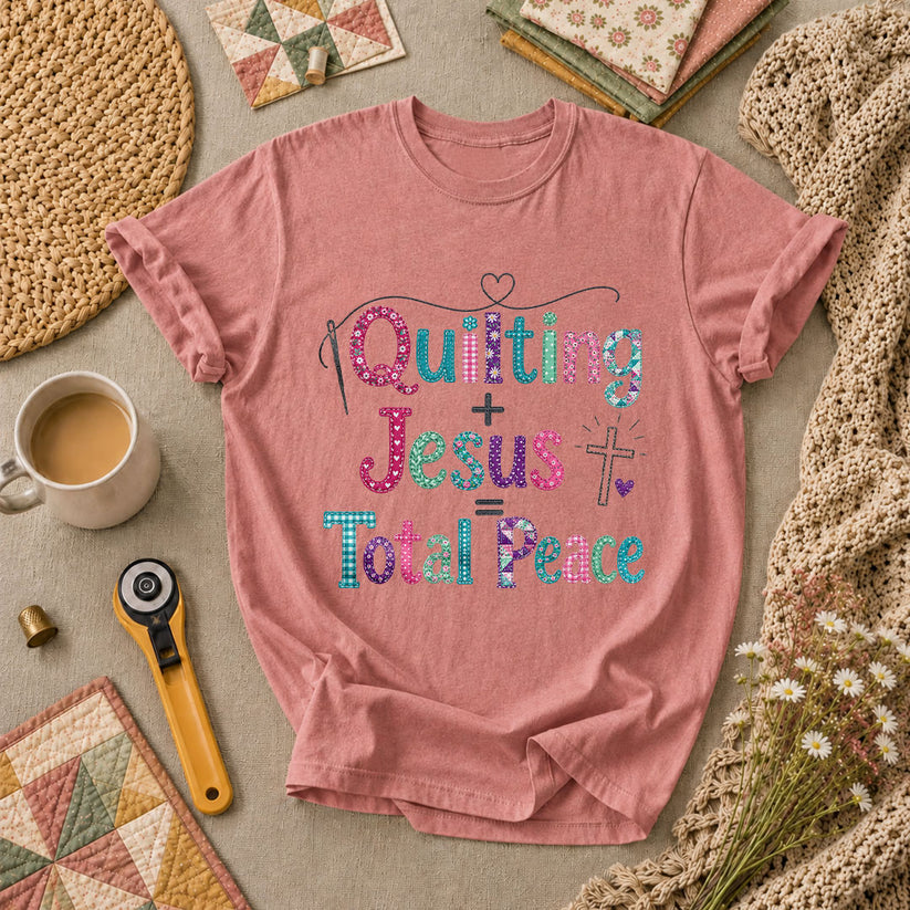 Quilting Plus Jesus Equals Total Peace T-Shirt - Heather Mauve