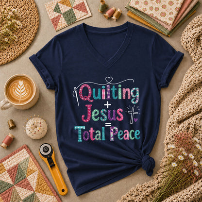 Quilting Plus Jesus Equals Total Peace Women's V-Neck - Navy
