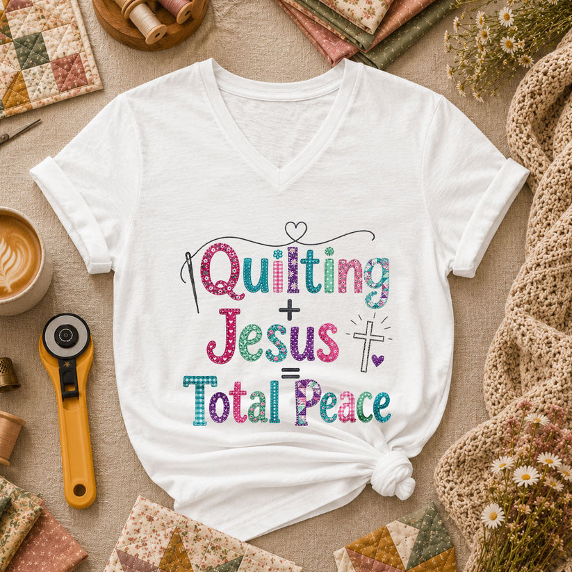 Quilting Plus Jesus Equals Total Peace Women's V-Neck - White