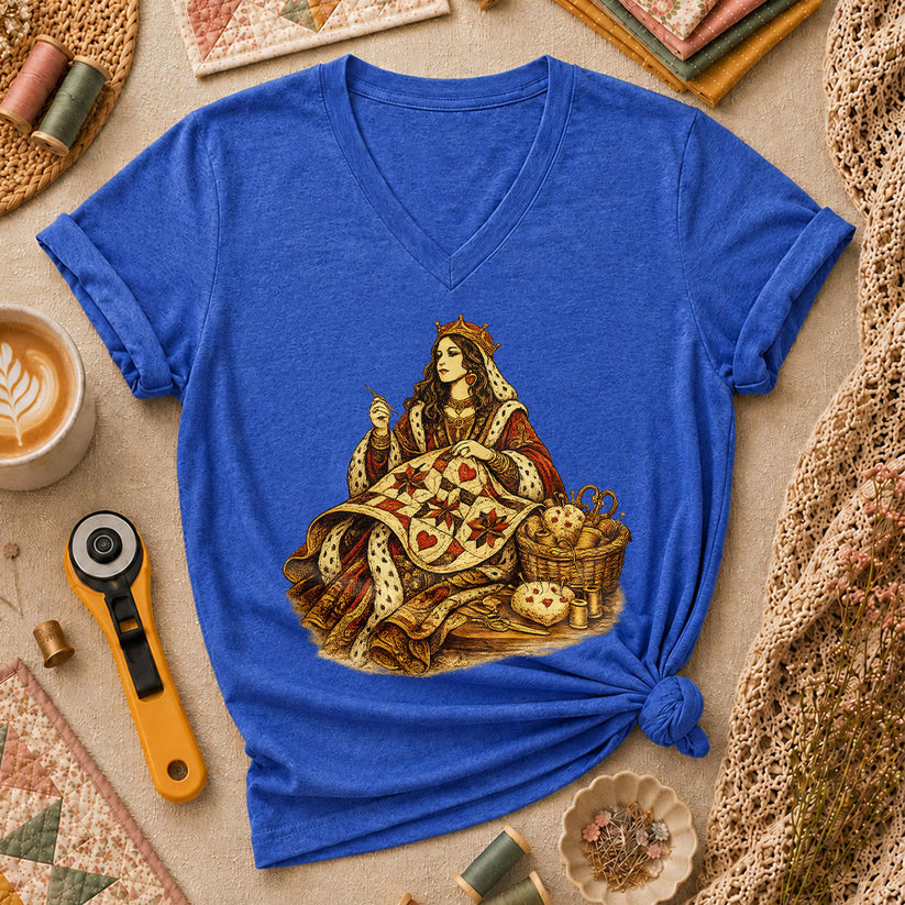 Quilting Queen Vintage Women's V-Neck - Heather True Royal
