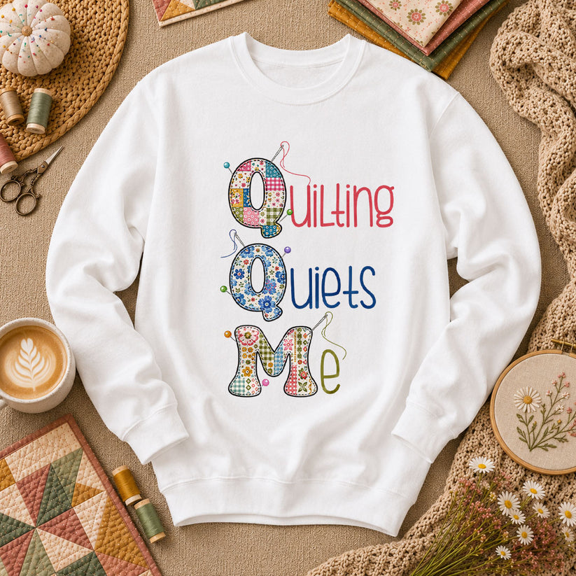 Quilting Quiets Me Long Sleeve - White