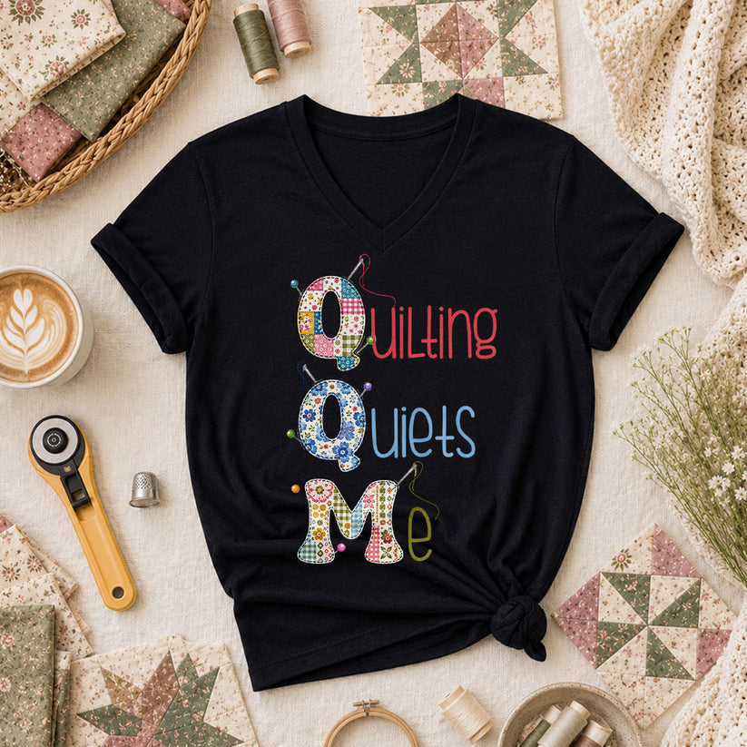 Quilting Quiets Me Women's V-Neck - Black