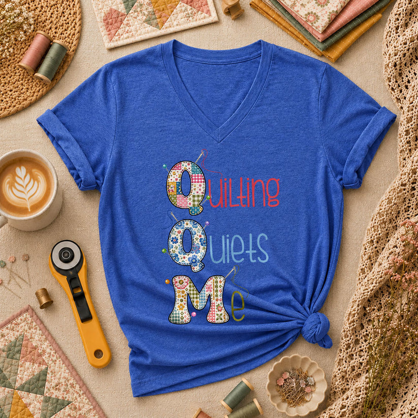 Quilting Quiets Me Women's V-Neck - Heather True Royal