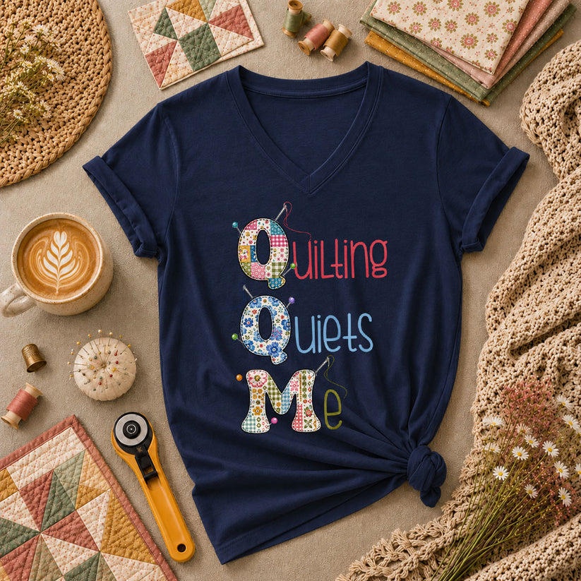 Quilting Quiets Me Women's V-Neck - Navy