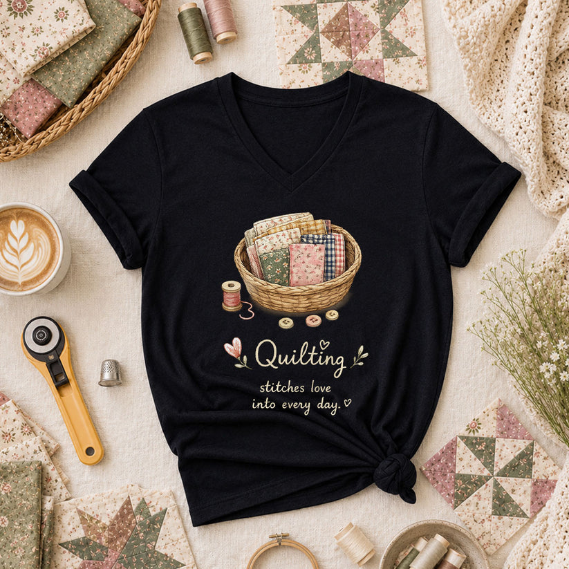 Quilting Stitches Love Into Every Day Women's V-Neck - Black
