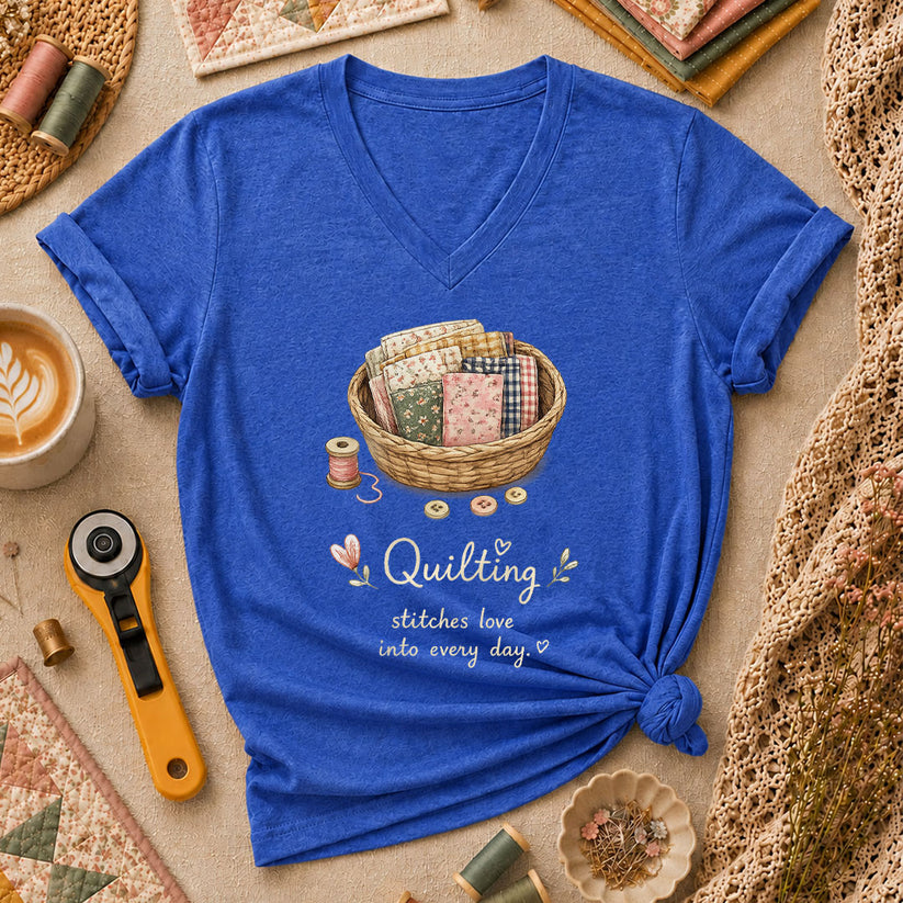 Quilting Stitches Love Into Every Day Women's V-Neck - Heather True Royal