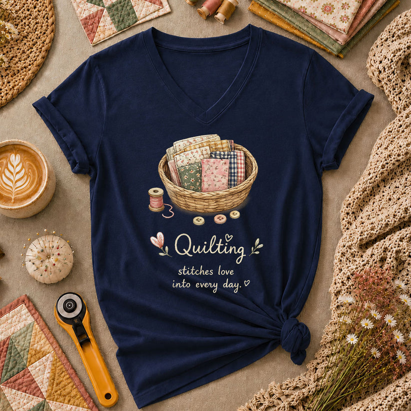 Quilting Stitches Love Into Every Day Women's V-Neck - Navy