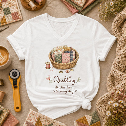 Quilting Stitches Love Into Every Day Women's V-Neck - White