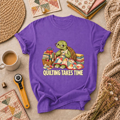 Quilting Takes Time Turtle T-Shirt - Heather Team Purple
