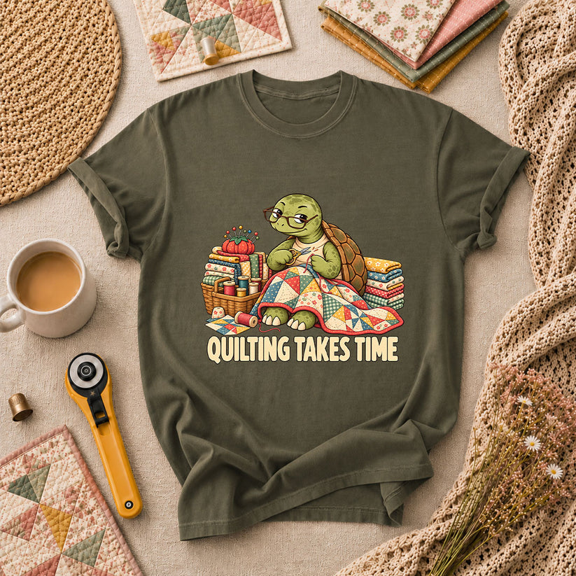 Quilting Takes Time Turtle T-Shirt - Military Green