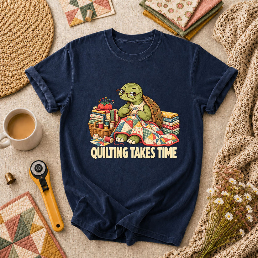 Quilting Takes Time Turtle T-Shirt - Navy