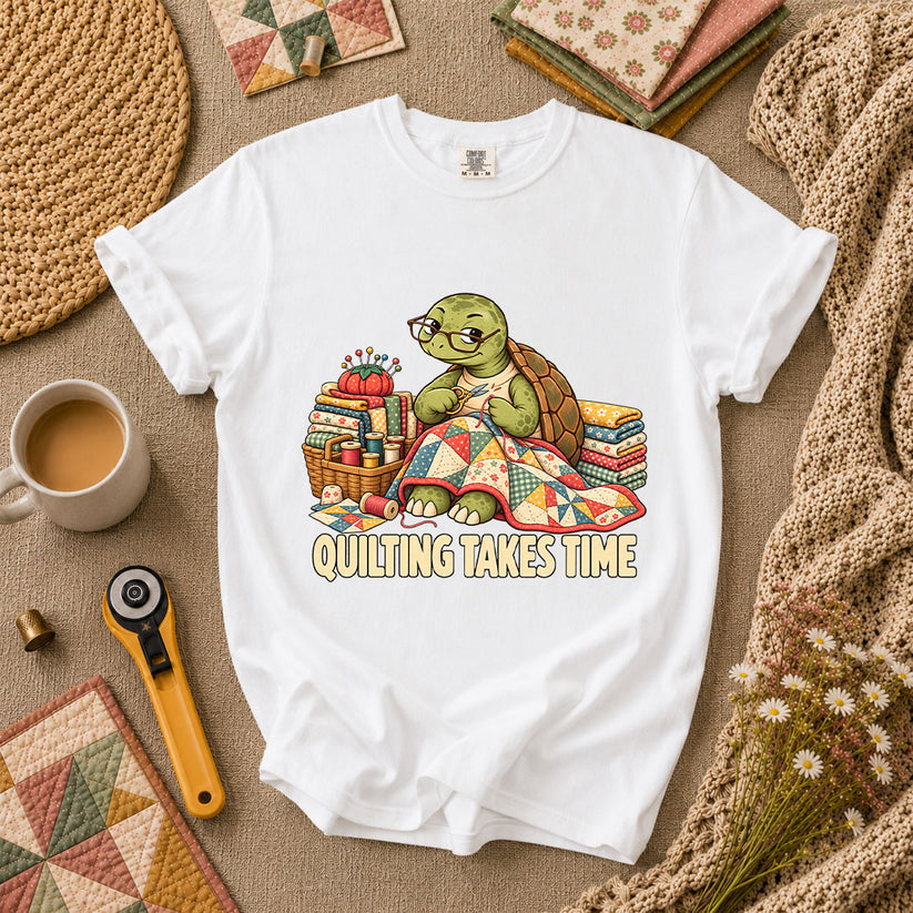 Quilting Takes Time Turtle T-Shirt - White