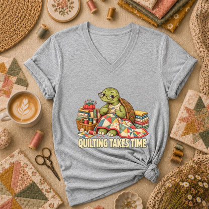 Quilting Takes Time Turtle Women's V-Neck - Athletic Heather