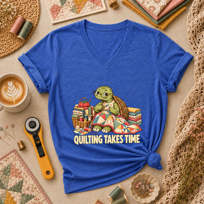 Quilting Takes Time Turtle Women's V-Neck - Heather True Royal