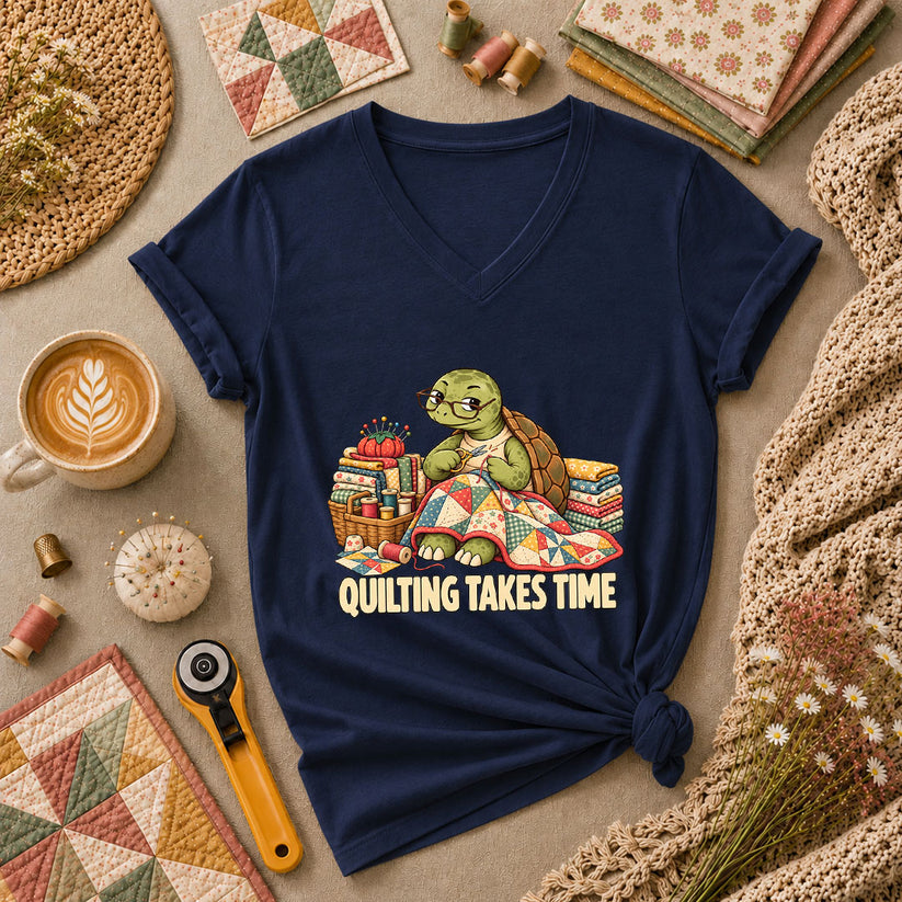 Quilting Takes Time Turtle Women's V-Neck - Navy