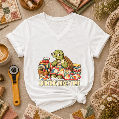 Quilting Takes Time Turtle Women's V-Neck - White