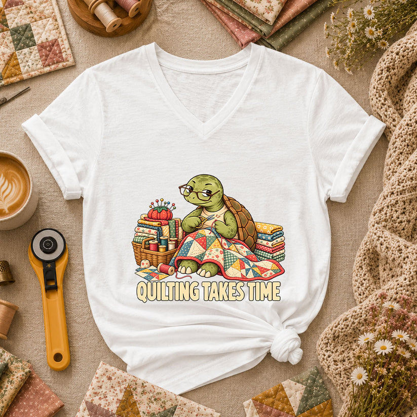 Quilting Takes Time Turtle Women's V-Neck - White