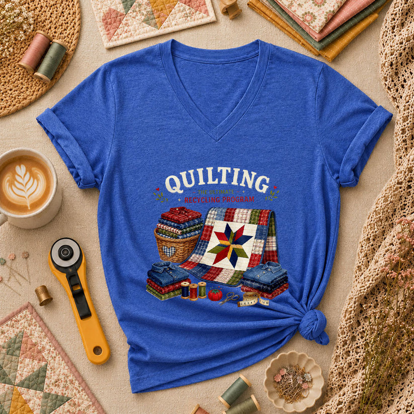 Quilting The Ultimate Recycling Program Quilt Star Women's V-Neck - Heather True Royal