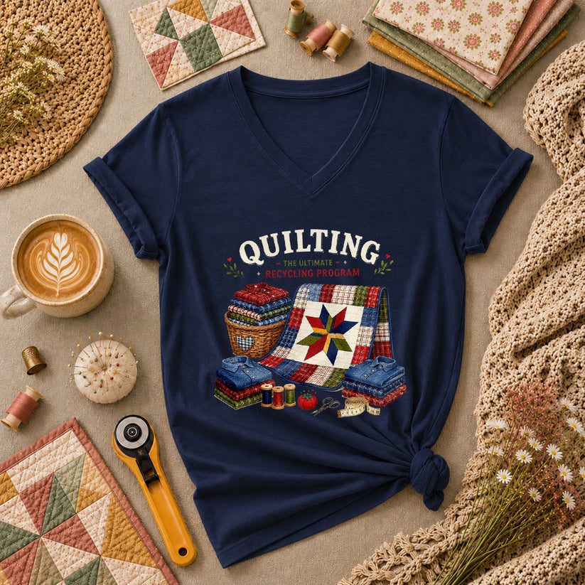 Quilting The Ultimate Recycling Program Quilt Star Women's V-Neck - Navy