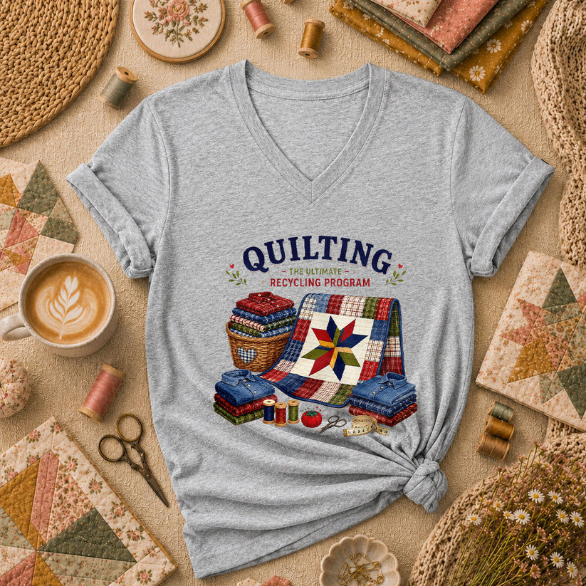 Quilting The Ultimate Recycling Program Quilt Star Women's V-Neck - Sport Grey