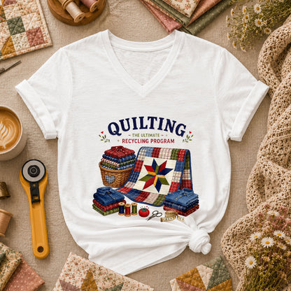 Quilting The Ultimate Recycling Program Quilt Star Women's V-Neck - White