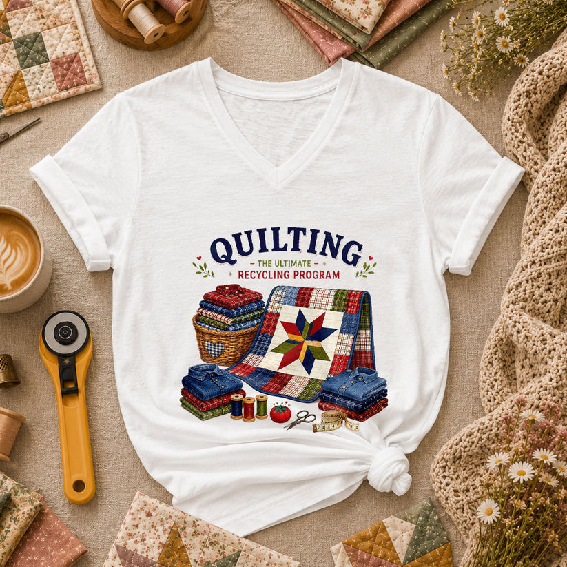 Quilting The Ultimate Recycling Program Quilt Star Women's V-Neck - White