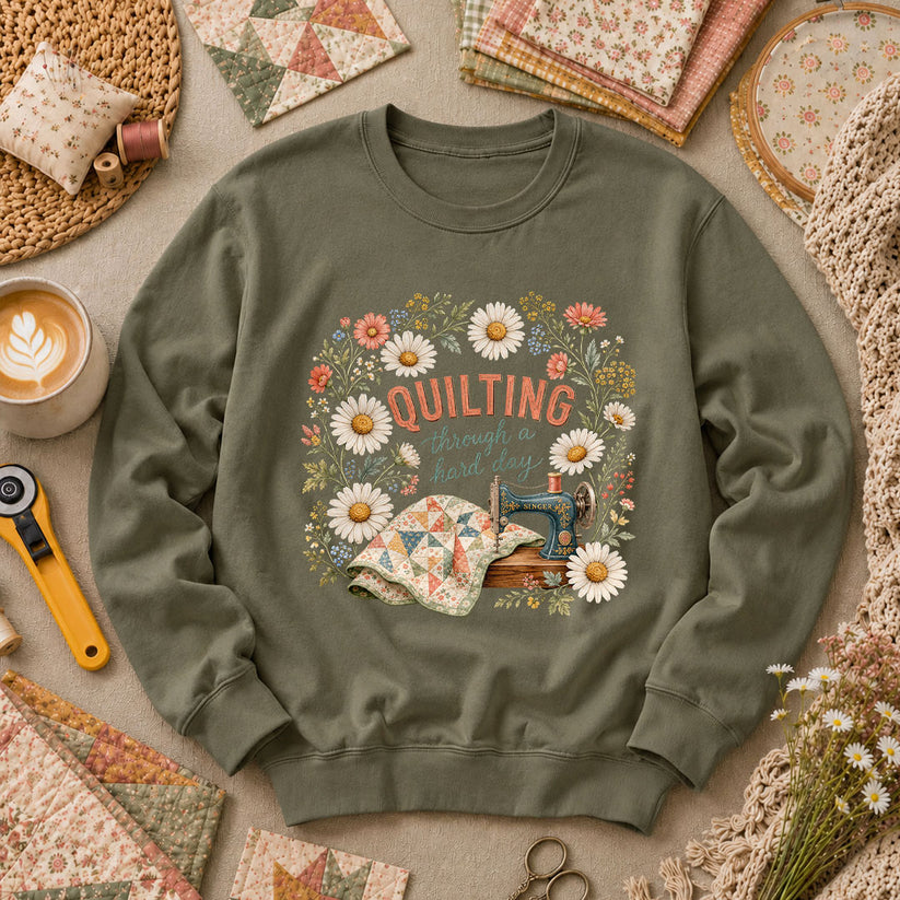 Quilting Through A Hard Day Long Sleeve - Military Green