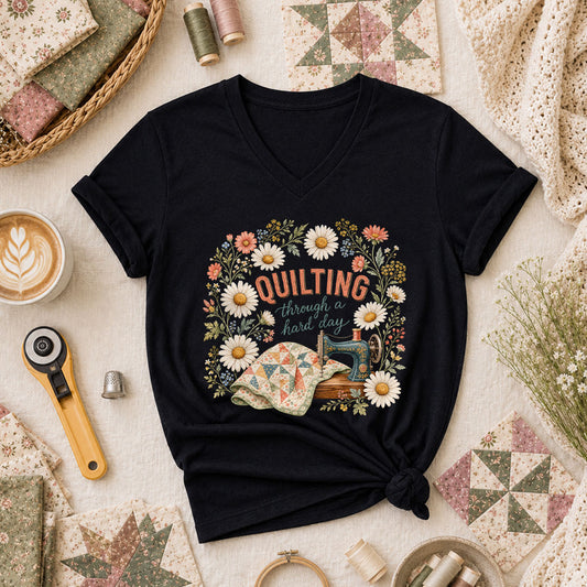 Quilting Through A Hard Day Women's V-Neck - Black
